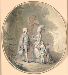 Gustav III, koningin Sophie Magdalene en kroonprins Gustav Adolph wandelend in het Hagapark door Cornelius Høyer