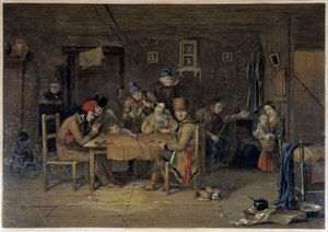 Franse kolonisten in Canada die kaarten spelen - schilderij door Krieghoff