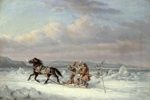 Jagers in een paardenslee door Cornelius Krieghoff