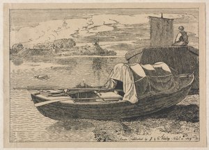 Boten op een Rivier, Windmolen in de Verte door Cornelius Varley