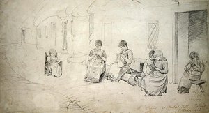 Kinderen buiten hun school op Market Hill, Ierland door Cornelius Varley