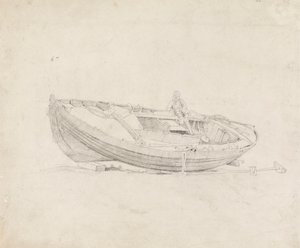 Studie van afgemeerde boot met zittend figuur door Cornelius Varley
