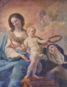 Kerk van de SS Salvatore, interieur, Altaar van de Rozenkrans, Onze-Lieve-Vrouw van de Rozenkrans, Canvas door Corrado Giaquinto (1703-1766), detail, Poggiardo, Lecce, Puglia (foto) door Corrado Giaquinto