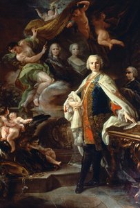 De Italiaanse castraat Carlo Farinelli (Carlo Broschi, genaamd; 1705 - 1782), aan het hof van Filips II van Spanje, gekleed in de witte mantel van de Orde van Calatrava. Schilderij door Corrado Giaquinto (1703-1766), Civico Museo Bibliografico Musicale, Bo
