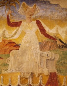 Ceres met korenaren in haar handen, detail van Triomf van Ceres, scène uit Maand Augustus, ca 1470, toegeschreven aan Cosimo Tura, en Meester van Ercole, fresco, noordmuur, Hal van de Maanden, Palazzo Schifanoia, Ferrara, Emilia-Romagna, Italië
