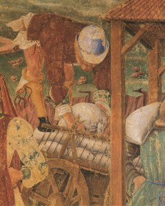 Koopman aan het werk, detail van Triomf van Ceres, scène uit Maand Augustus, toegeschreven aan Cosimo Tura