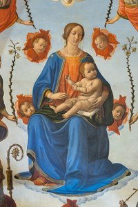 Madonna met Kind in glorie, Sint Ambrosius, Sint Franciscus van Assisi, God de Vader en engelen, Altaarstuk, detail (fresco) door Cosimo Rosselli