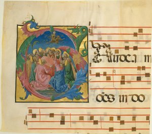 Manuscriptverlichting met de Hemelvaart van de Maagd in een Initiaal G door Cosmè Tura