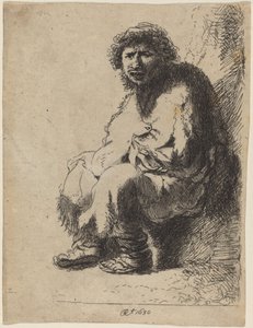 Bedelaar zittend op een bank door Costantino Cumano after Rembrandt van Rijn