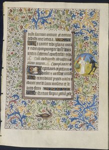 Blad uit een getijdenboek: Engel die een duivel achtervolgt recto, ca. 1460