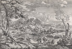 Landschap met een man die Mercurius de adelaar van Jupiter toont, ca. 1695-99