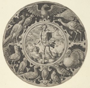 Aer in een decoratieve rand met vogels, uit een serie cirkelvormige ontwerpen met de F... door Crispijn de Passe I