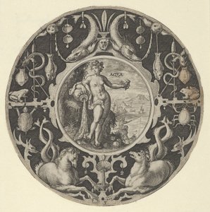 Aqua in een decoratieve rand met zeedieren, uit een serie cirkelvormige ontwerpen, 1590-1612 door Crispijn de Passe I
