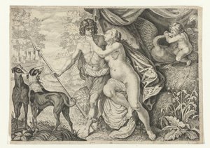Venus en Adonis (Metamorfosen van Ovidius) door Crispijn van de Passe (II) (attributed to)