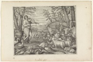 Orpheus betovert de dieren met zijn muziek Metamorfosen van Ovidius door Crispijn van de Passe (II)