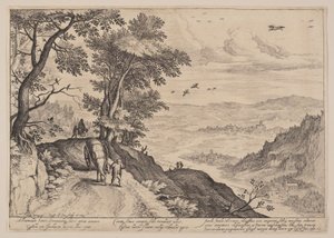 Uitgestrekt landschap met buschauffeur door Crispijn van de Passe I