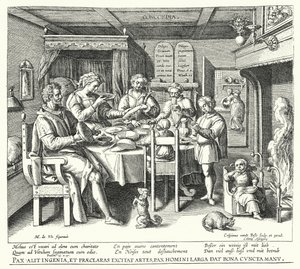 Het gebed voor de maaltijd (gravure) door Crispin I de (after) Passe