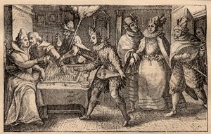Een backgammonpartij met rondtrekkende spelers - Nederlandse kopergravure; uit een set prenten, Hortus Voluptatem, door Crispin de Passe (1550-1643) - Een koppel dat backgammon speelt, verrast door vijf gemaskerde mannen gravure door Crispin de Passe de Ou door Crispin I de Passe