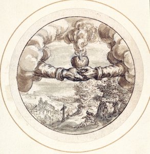 Handen die een brandend hart en keizerskroon vasthouden met uitzicht op Circus Maximus door Crispin I de Passe