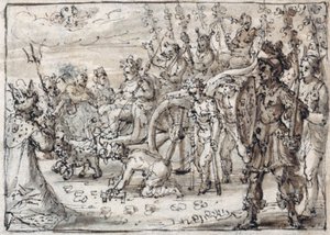 Triomfantelijke intocht van de Indiase Bacchus in Thebe (pen & bruine inkt met bruine was op papier) door Crispin I de Passe