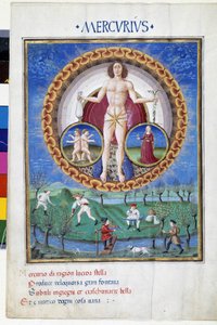 Mercurius met sterrenbeelden van de Maagd en de Tweelingen. Beneden, boeren die op het land werken. Miniatuur gemaakt door Cristoforo de Predis (ca. 1440-ca. 1486) - in 