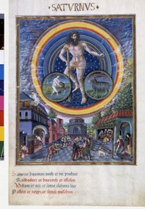 Saturnus met sterrenbeelden van waterman en steenbok. Beneden, de spelscènes en de invloed ervan op mensen. Miniatuur gemaakt door Cristoforo de Predis (ca. 1440-ca. 1486) - in 
