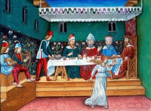 Tijdens het feestmaal van Herodes overhandigt Salome het hoofd van Johannes door Cristoforo De Predis
