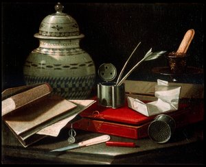Stilleven met schrijfbenodigdheden door Cristoforo Munari