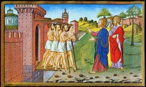 Jezus en de melaatsen. Miniatuur van Cristoforo door Predis - in Historia del nuovo testamento