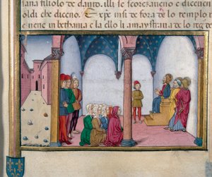 Jezus onderwijst in de tempel Miniatuur door Cristoforo De Predis (1440-1486) na de Geschiedenis van het Nieuwe Testament door Cristoforo De Predis