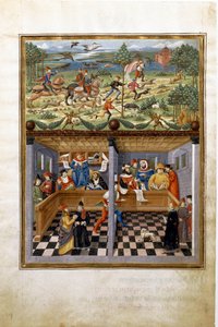 Jupiters invloed: jacht en hof. (miniatuur, ca. 1470) door Cristoforo De Predis