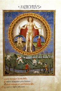 Mercurius met de sterrenbeelden Maagd en Tweelingen. Boeren aan het werk op de velden (miniatuur, ca. 1470) door Cristoforo De Predis