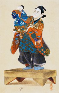 Poppenspeler met pop, poppentheater, ukiyo-e kunstdruk, reproductie van houtsnede, Japanse beschaving, Edo periode