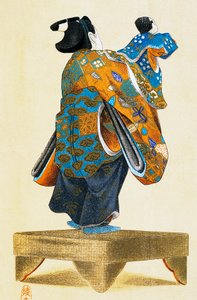 Poppenkastspeler met pop gezien van achteren, ukiyo-e kunstdruk, reproductie van houtsnede