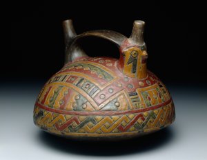 Dubbele tuit met handvat vat met een valk, Vroege Horizon, Epoch 8, c.500-400 v.Chr. door Culture Paracas