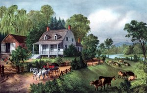 Amerikaanse boerderij in de zomer door Currier and Ives