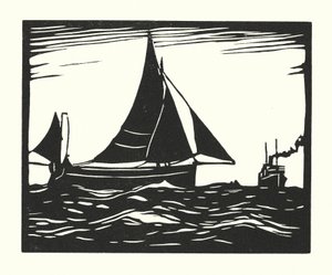 Vissersboten en Aken: Plymouth Hooker (houtsnede) door Cyril A. Wilkinson