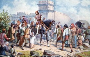 Karel IV begroet gewone mensen tijdens zijn uitbreiding van de vestingwerken van Praag in 1361, ansichtkaart uit het begin van de twintigste eeuw door Czech School