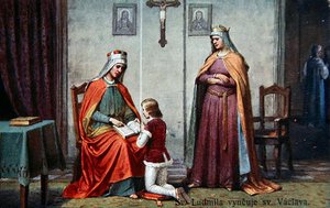 De opvoeding van Sint Wenceslaus door zijn grootmoeder Ludmilla, vroege twintigste-eeuwse ansichtkaart door Czech School