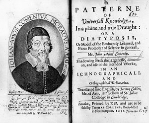 Titelpagina en frontispice van A Patterne of Universall Knowledge, inclusief een portret van Jan Amos Komensky, gegraveerd door George Glover, 1651