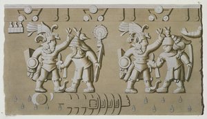 Bas-Relief van Oude Azteekse Krijgers, van de Steen van Tizoc die een Heerser Herdenkt die zijn Gevangenen bij het Hoofd Vasthoudt