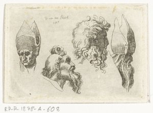 Studieblad met vier hoofden, waarvan twee met een mijter door D. van den Bosch