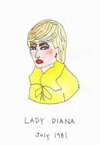 Lady Diana, 2017 (gele, rode, blauwe en bruine india-inkt met viltstift op papier)
