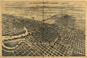 Uitzicht op de stad Stockton, de industriestad van Californië. Toont de locatie van de uitbreiding van East Stockton. door Dakin Publishing Co.