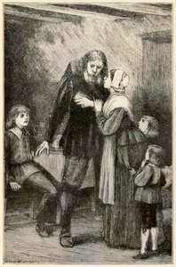 Christian vertrouwt zijn vrouw uit De Pelgrimsreis Van Deze Wereld, Naar Die Welke Komt door John Bunyan (1628-1688) illustratie door Thomas Dalziel (1823-1906) door Dalziel Brothers