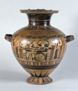 Zwartfigurige hydria die de Nereïden toont die Achilles rouwen, ca. 560-550 v.Chr. (keramiek)