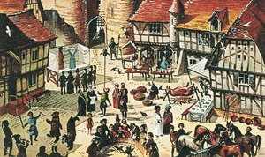 Middeleeuwse kermis (kleurenlitho)