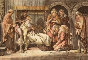 Harold, terugkerend uit Normandië, presenteert zich aan Edward de Belijder, gegraveerd door JD Cooper door Daniel Maclise