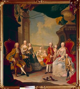 Francois I van het Heilige Roomse Rijk (1708-1765) en zijn vrouw keizerin Marie Therese I (1717-1780) met hun elf kinderen op het terras van het kasteel van Schonbrunn. De toekomstige koningin Marie Antoinette poseert in het midden nog als baby.