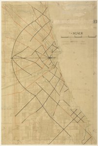Plate 91 uit The Plan of Chicago, Chicago, voorgestelde diagonale wegen door Daniel Burnham